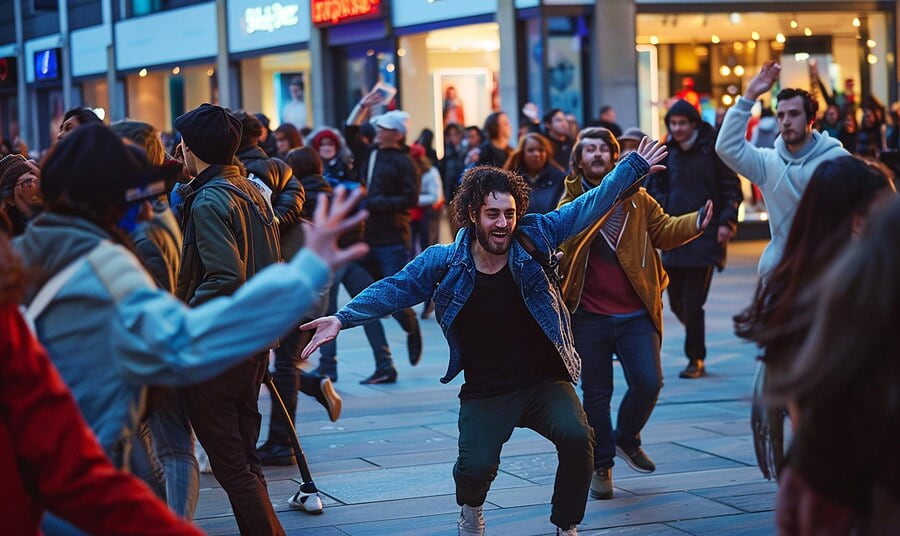 Une chorégraphie flash mob est organisée dans la rue